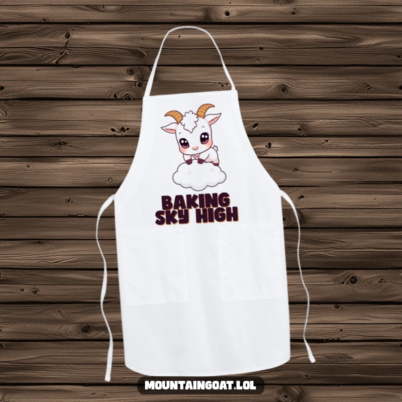 Funny small goat with large eyes leaping over a tiny cloud on an apron, providing whimsical protection for cooking adventures.',