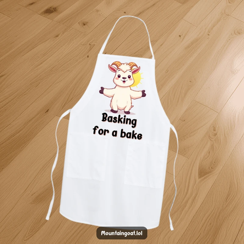 Funny kawaii mountain goat embracing sunshine, on a practical and cheerful kitchen apron.