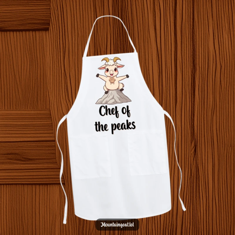 Funny apron featuring a happy mountain goat striking a whimsical pose on a serene peak, ideal for kitchen humor and protection.