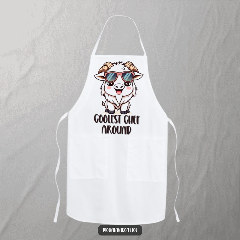 Funny Kawaii mountain goat apron showcasing a goat with oversized sunglasses, designed for fun and cool cooking.