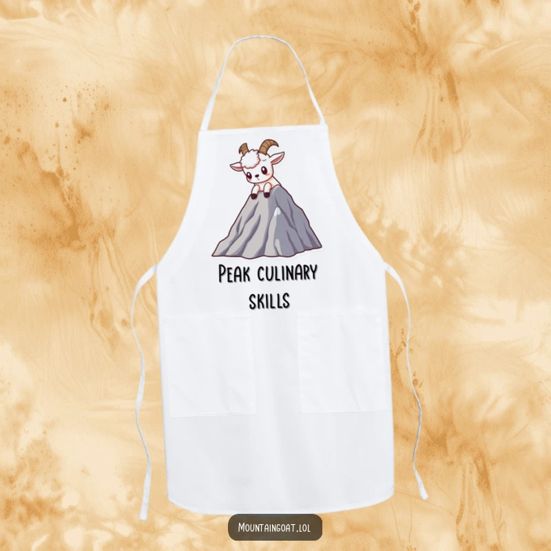 Funny Kawaii mountain goat apron showing a curious goat peering from a mountain peak, designed for kitchen adventures.