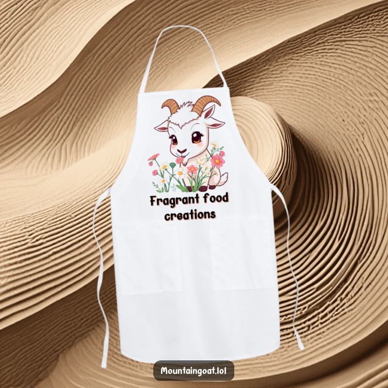 Funny Curious Goat Apron: A wide-eyed goat lovingly sniffs a variety of mountain flowers while wearing this apron.