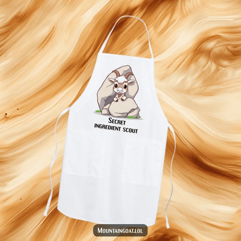 Funny Curious Goat Apron: A humorous apron showing a curious mountain goat peeking from behind a large rock.
