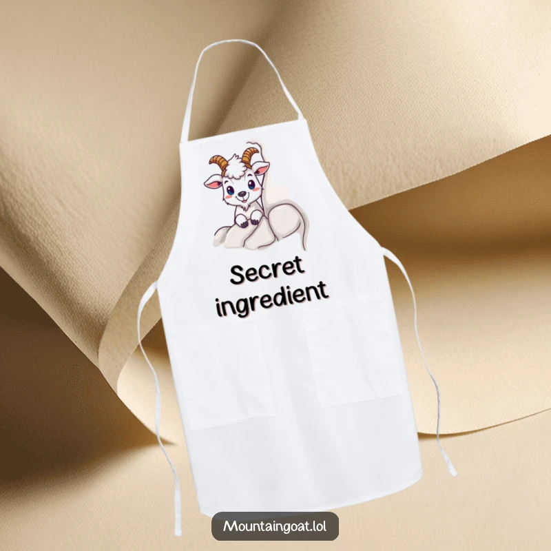 Funny apron with a curious mountain goat character peeking from behind a rock, perfect for kitchen tasks with a side of playful mischief.
