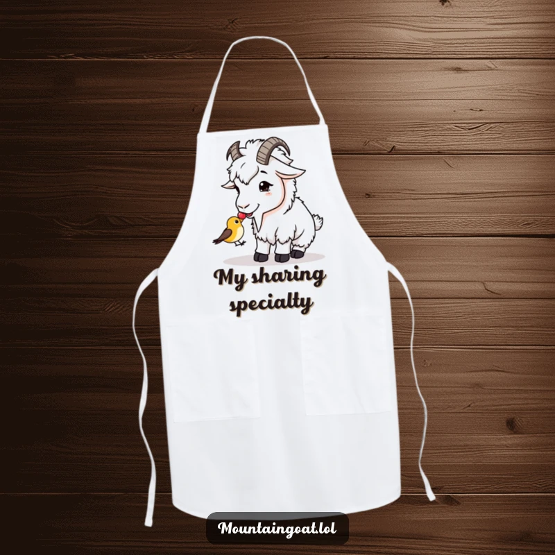 Funny Apron: A mountain goat offers a berry to a small bird, symbolizing generosity in the kitchen.