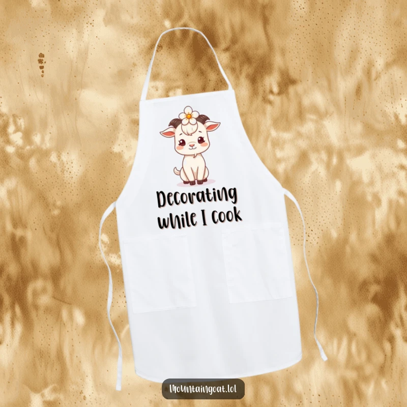Funny Goat Flower Head Apron, showing a humorous goat balancing a flower while preparing food in the kitchen.