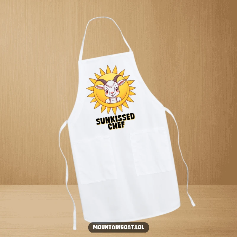 Funny apron illustration of a goat peeking from behind a smiling sun, perfect for keeping clothes clean and adding cheer to cooking.