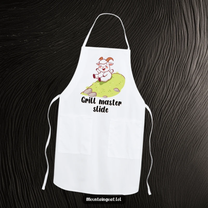 Funny joyous mountain goat apron, playfully sliding down a gentle grassy slope, a cute and practical accessory for kitchen fun.