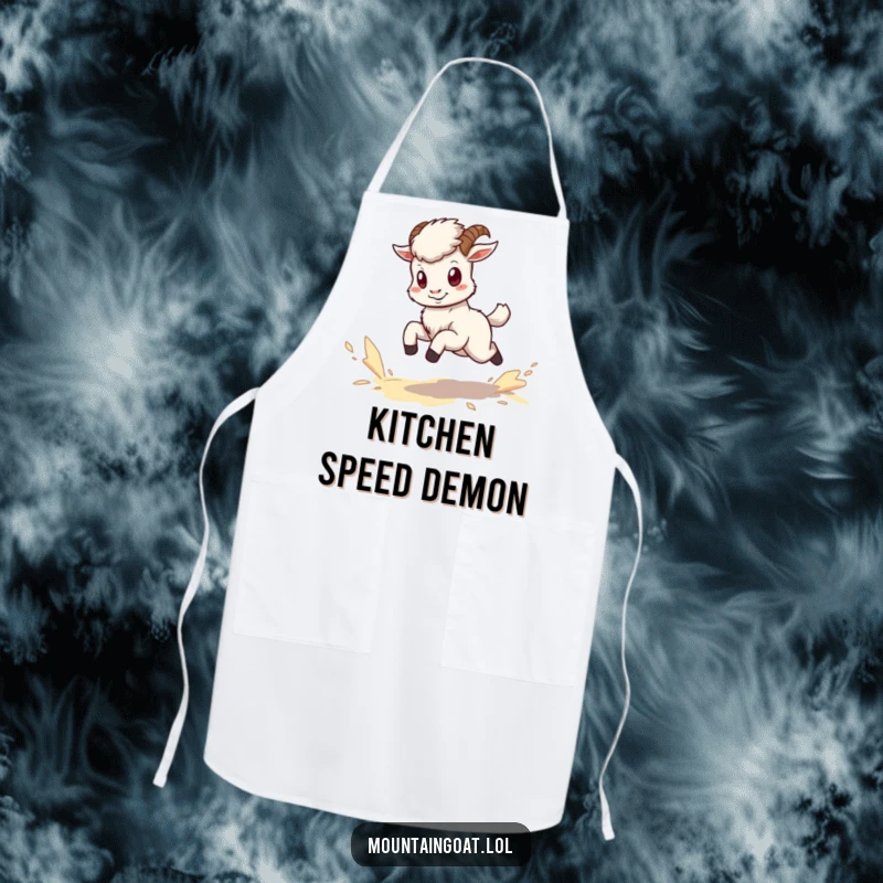 Funny kawaii mountain goat apron showing a tiny, energetic goat kicking up dust while running.