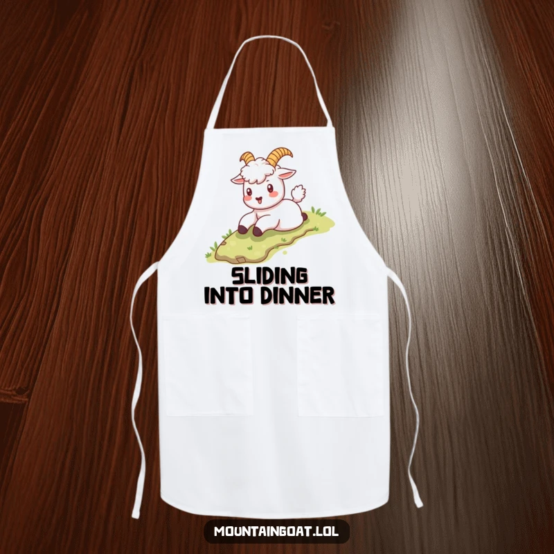 Funny kawaii mountain goat sliding down a grassy slope, perfect for a fun and humorous cooking apron.