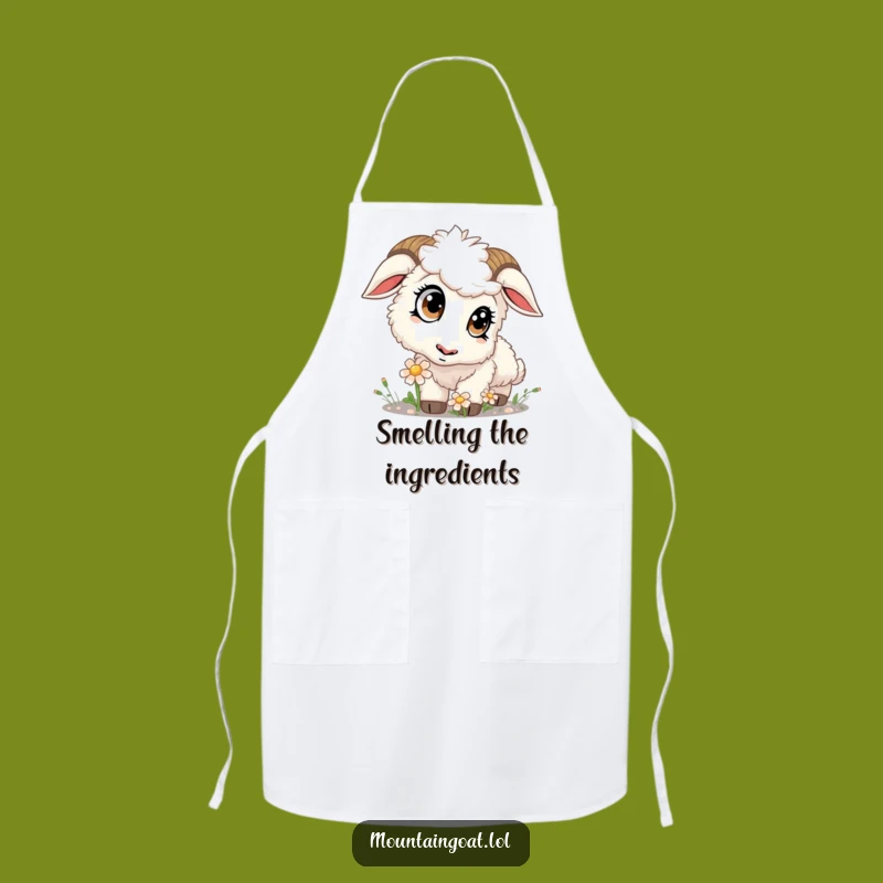 Funny Kawaii Goat Sniffing Flower Apron: Cook with Gentle Curiosity
