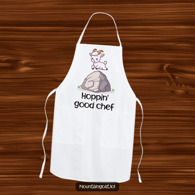 Funny kawaii mountain goat leaping with excitement while cooking, adding flair to this humorous apron.