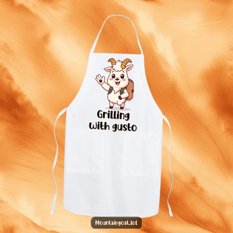 Funny mountain goat apron depicts a cheerful goat character with a backpack, smiling and waving, adding friendliness to cooking.