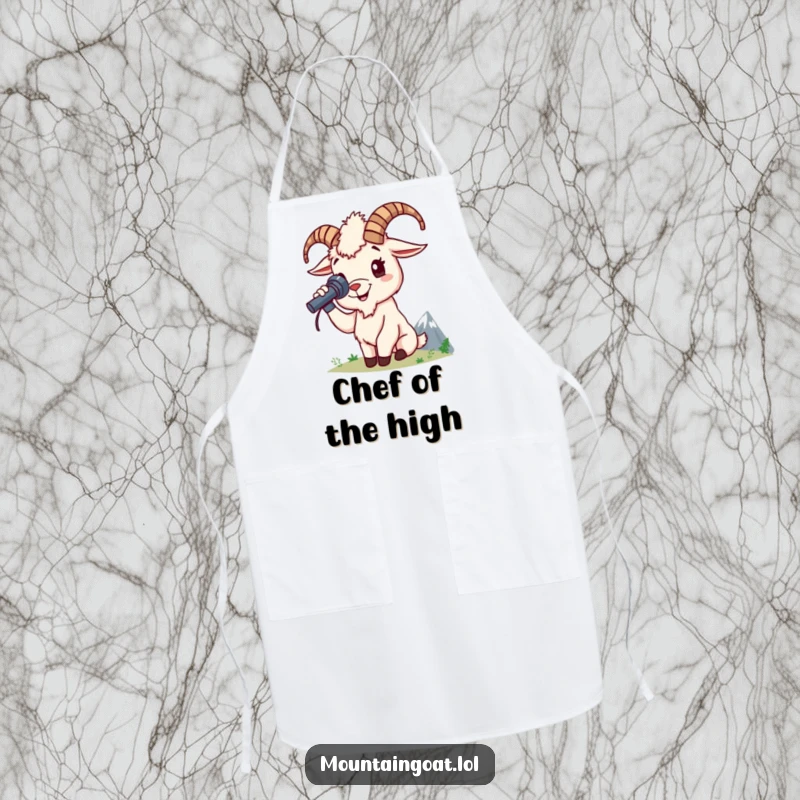 Funny mountain goat apron depicts a cheerful goat character using a spyglass to view distant peaks while cooking up a storm.
