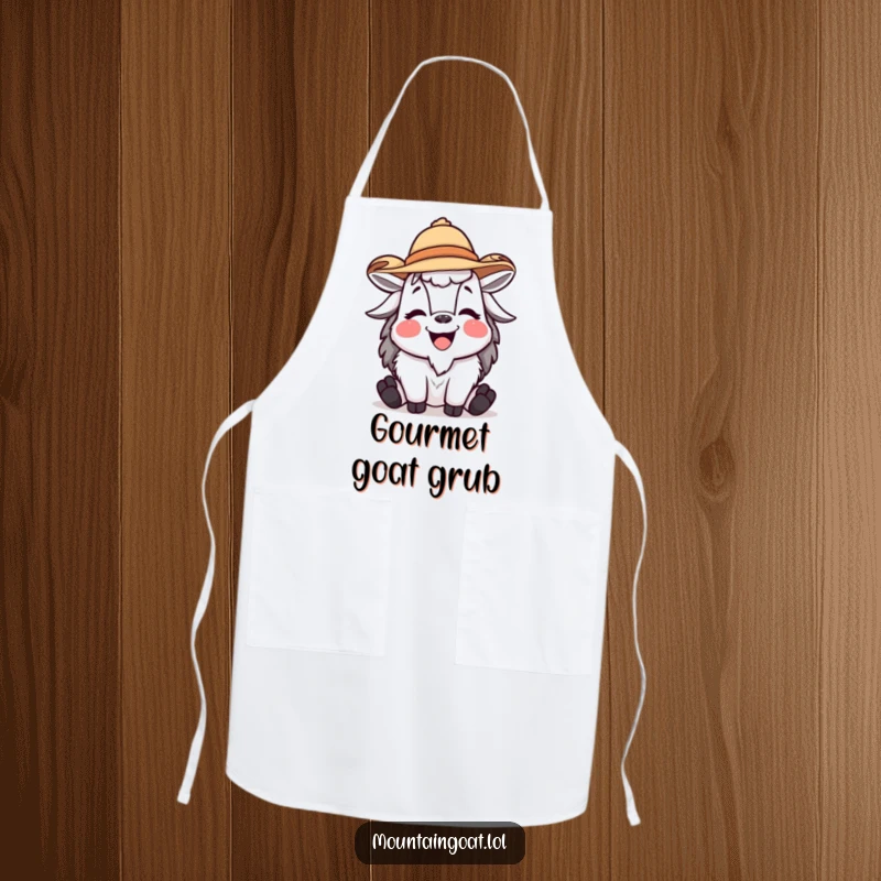 Funny mountain goat apron showing a laughing goat character wearing a tiny, jaunty hat, perfect for adding humor to kitchen tasks.