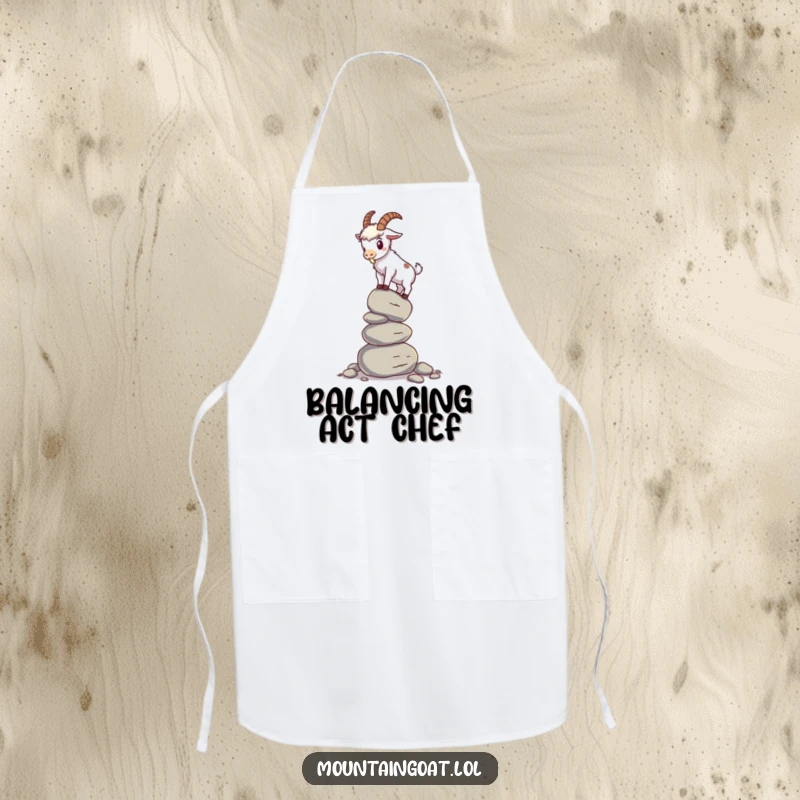 Funny mountain goat apron showing a goat attempting to balance on a stack of pebbles, adding humor to cooking and kitchen tasks.