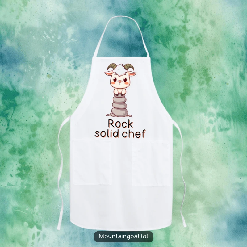 Funny Mountain Goat Apron: A smiling goat demonstrates pebble-stacking prowess while standing ready to cook.