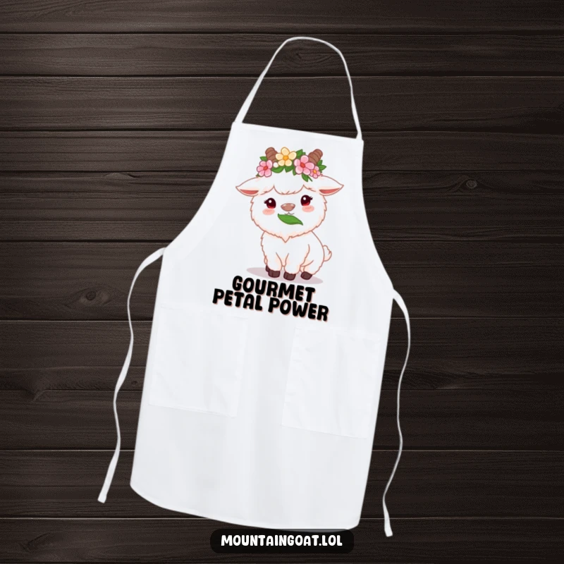 Funny fluffy white mountain goat apron with flower crown, happily munching on a high leaf, a cute and functional kitchen accessory.