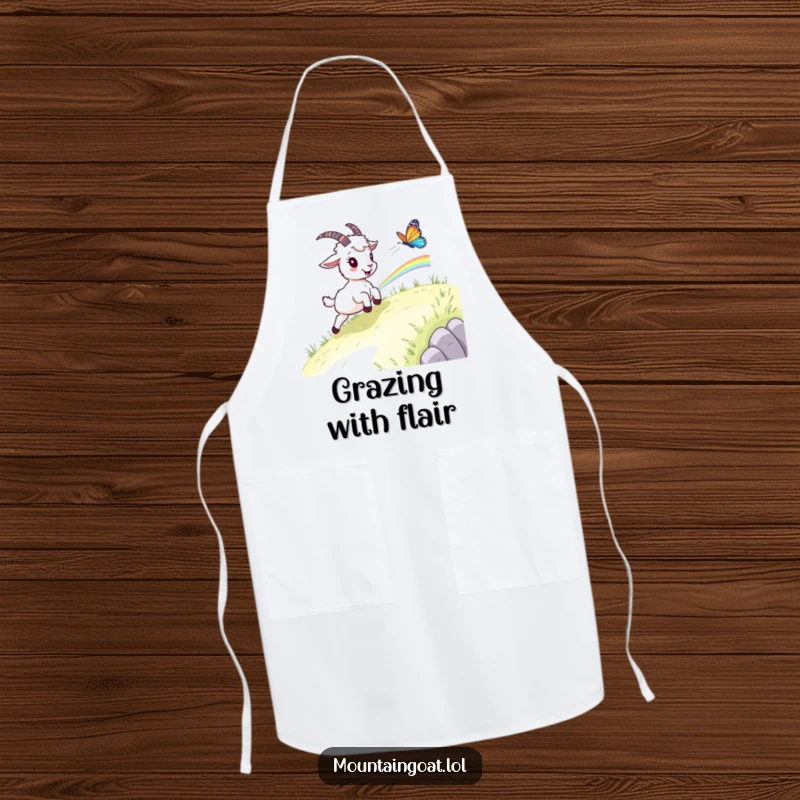 Funny mountain goat chef apron, a goat chasing a rainbow butterfly, bringing playful outdoor spirit to kitchen duties.