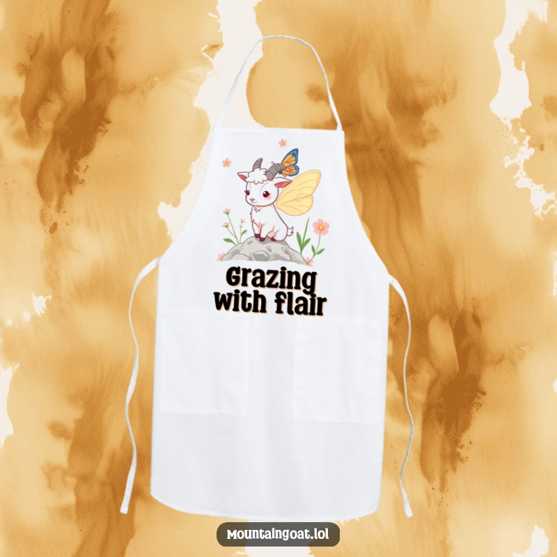 Funny Apron: A culinary accessory featuring a mountain goat with fanciful butterfly wings near alpine flowers, designed for kitchen humor and protection.