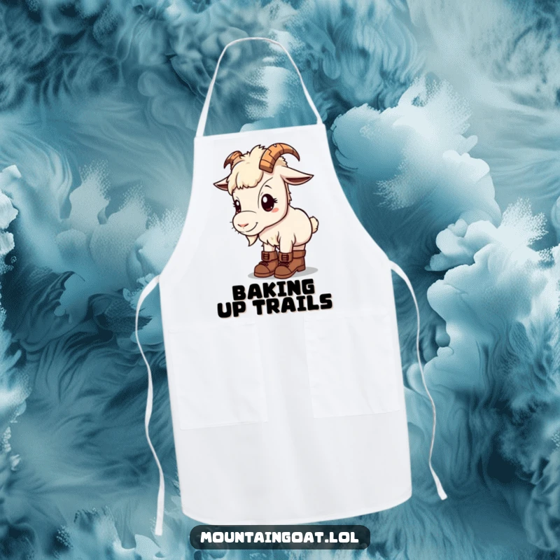 Kawaii mountain goat on an apron, wearing tiny hiking boots, looking curious, perfect for cooking.
