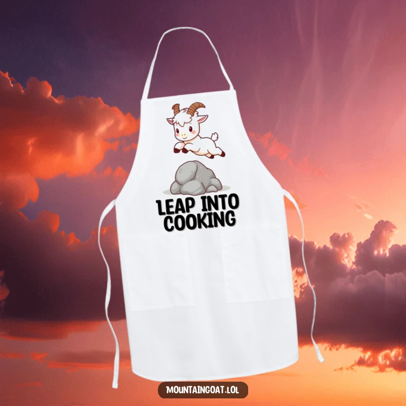 Funny kawaii mountain goat with tiny horns, leaping over a rock, a cute and practical apron for chefs.