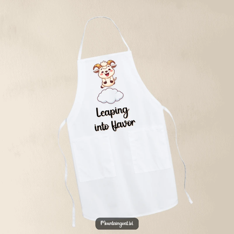 Funny fluffy mountain goat character apron, leaping over a tiny cloud with a wide grin, a humorous kitchen essential.