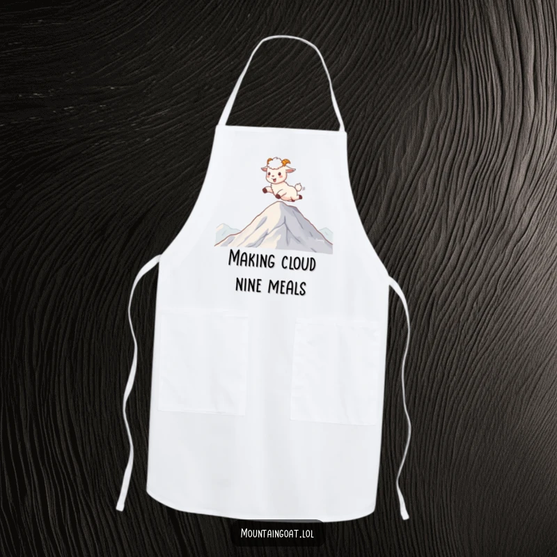 Funny kawaii mountain goat skipping on clouds, adorning a cheerful and practical kitchen apron.