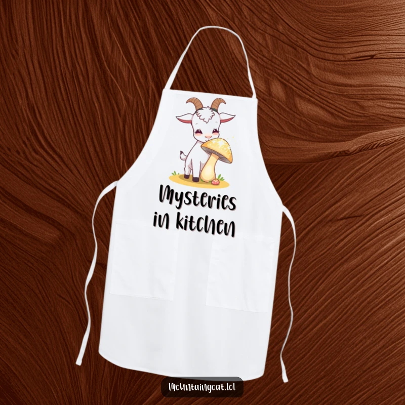 Funny goat curiously sniffing a sparkling, oversized mushroom on an apron, providing whimsical protection for cooking adventures.',