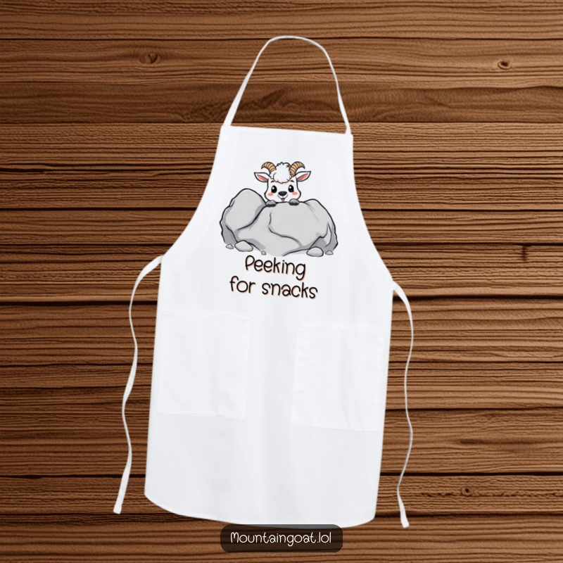 Funny kawaii mountain goat peeking from behind a boulder, on a practical and humorous kitchen apron.