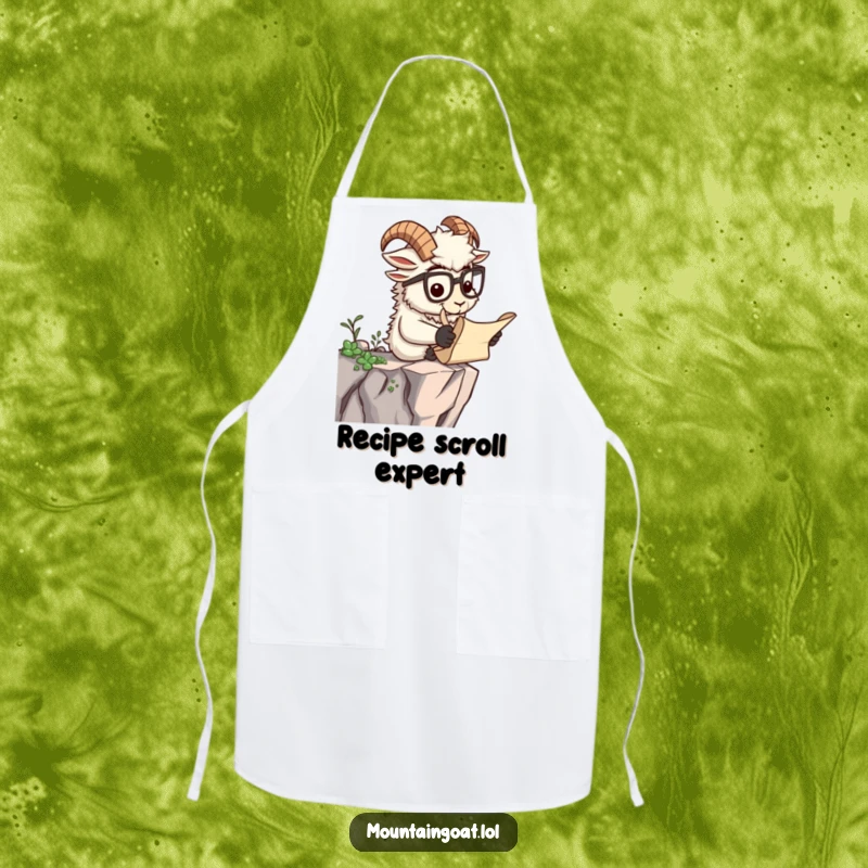 Funny apron featuring a scholarly mountain goat with spectacles reading a scroll, bringing intellectual humor to cooking.