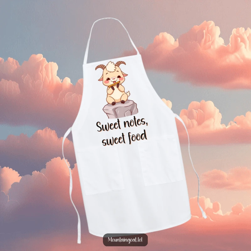 Funny kawaii mountain goat playing a flute on a mountain ledge, featured on a functional and humorous kitchen apron.