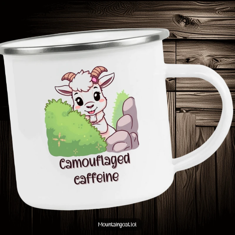Funny mountain goat camping mug featuring a mischievous goat playing hide-and-seek behind a bush, ideal for outdoor enthusiasts seeking humor.