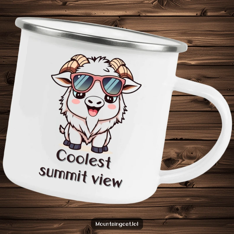 Funny Kawaii mountain goat camping mug depicting a smiling goat with oversized sunglasses, ideal for outdoor adventures.