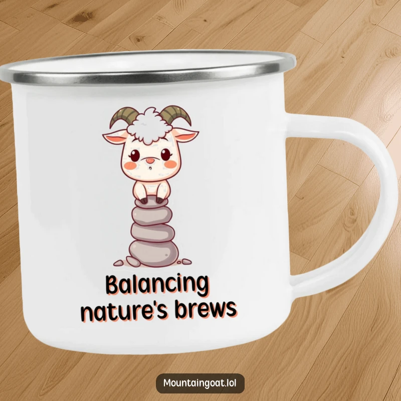 Funny Mountain Goat Camping Mug: A smiling goat expertly balancing pebbles perfect for outdoor enthusiasts.