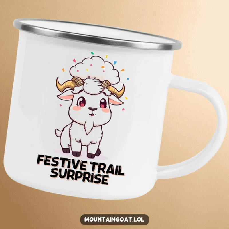 Funny Camping Mug: A surprised mountain goat gets showered with confetti from a small cloud, a festive outdoor item.