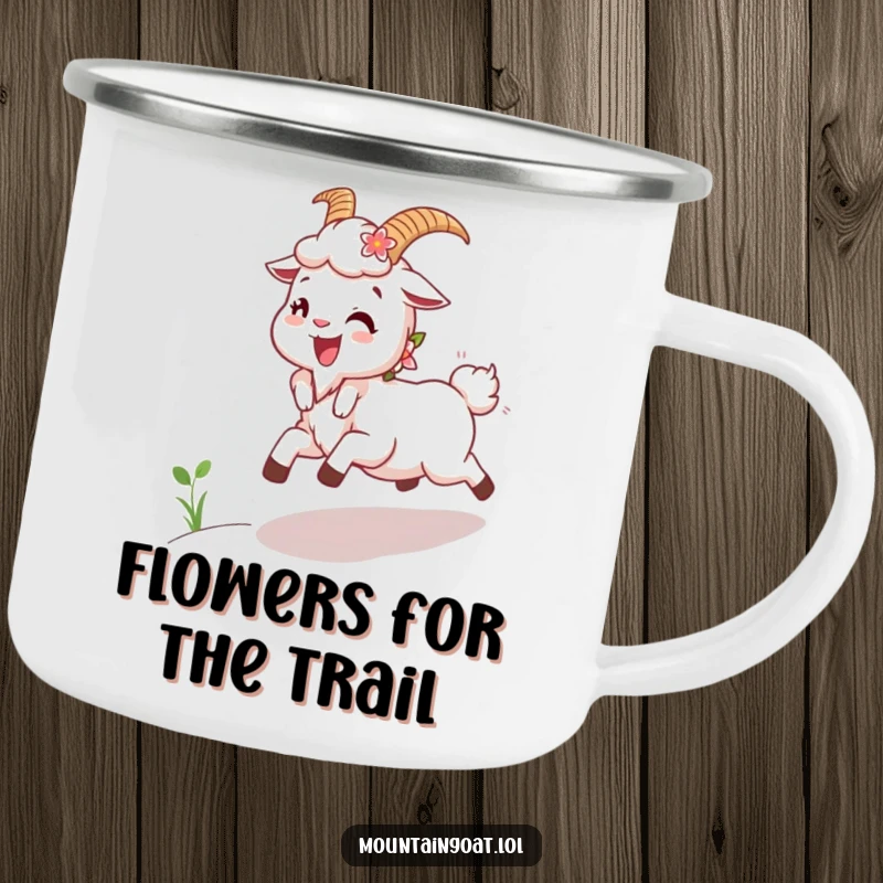 Funny Joyous Goat Camping Mug: A durable camping mug showcasing a happy mountain goat with flowers in its fur skipping uphill.
