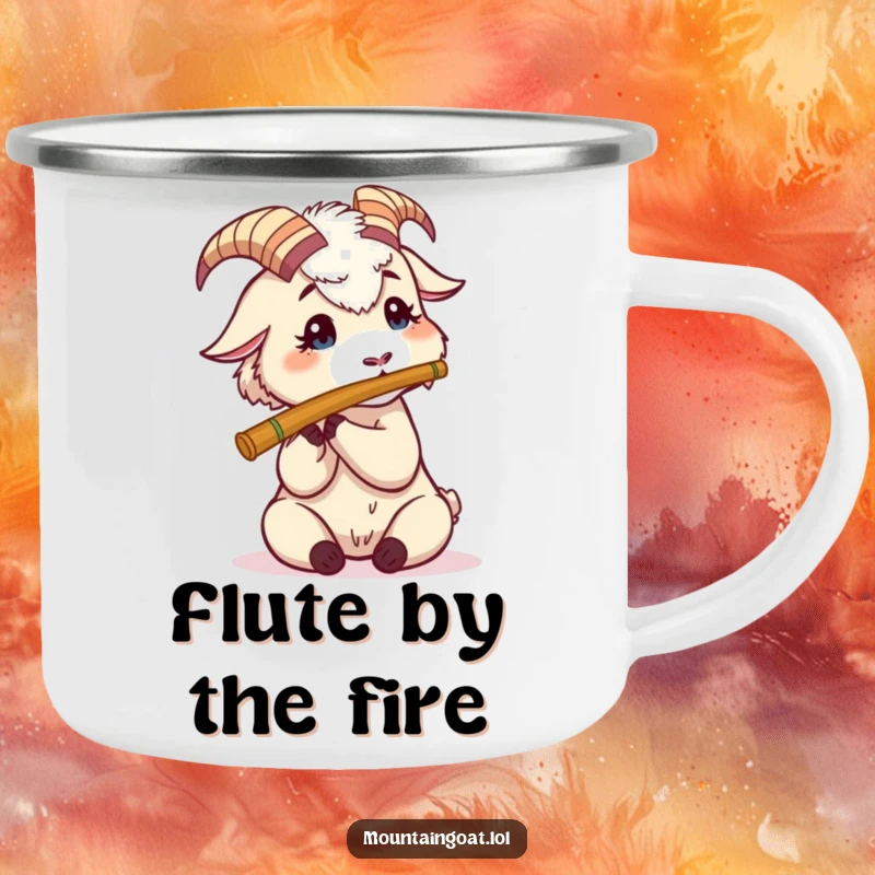 Funny Mountain Goat Flute Camping Mug: A goat plays a tiny flute by a campfire, perfect for outdoor musical moments.