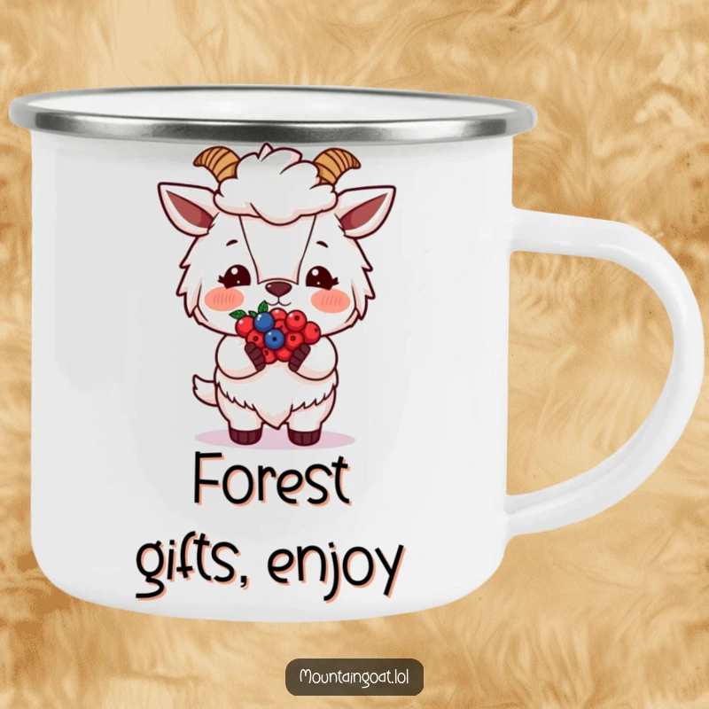 Funny Blushing Goat Berries Camping Mug, featuring a shy goat offering berries, perfect for enjoying beverages in the great outdoors.