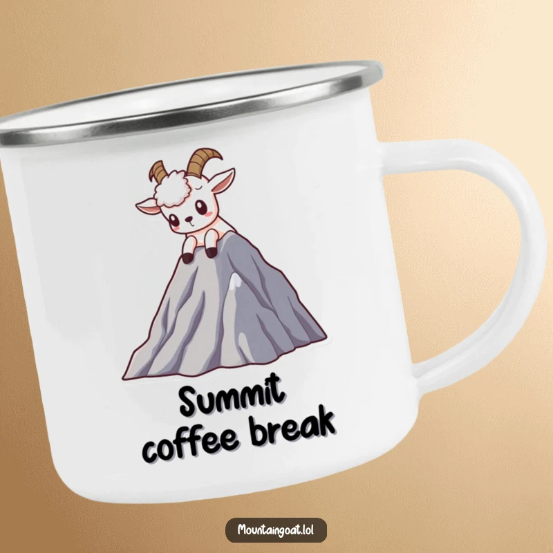 Funny Kawaii mountain goat camping mug depicting a curious goat peering from a mountain peak, ideal for outdoor adventures.