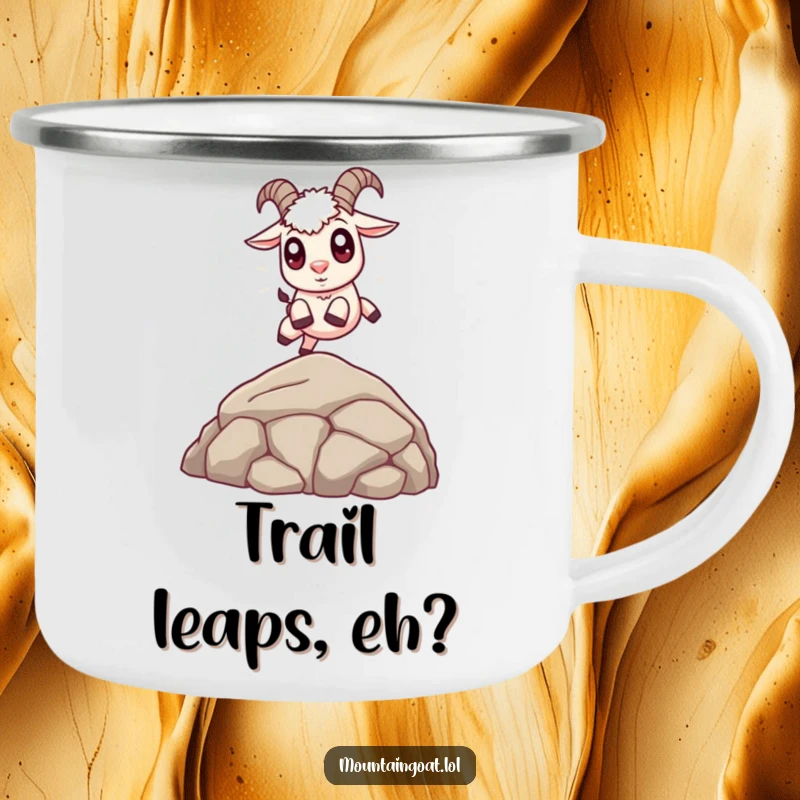 Funny Cute Goat Camping Mug: A durable camping mug showcasing a cute mountain goat with large eyes mid-leap.