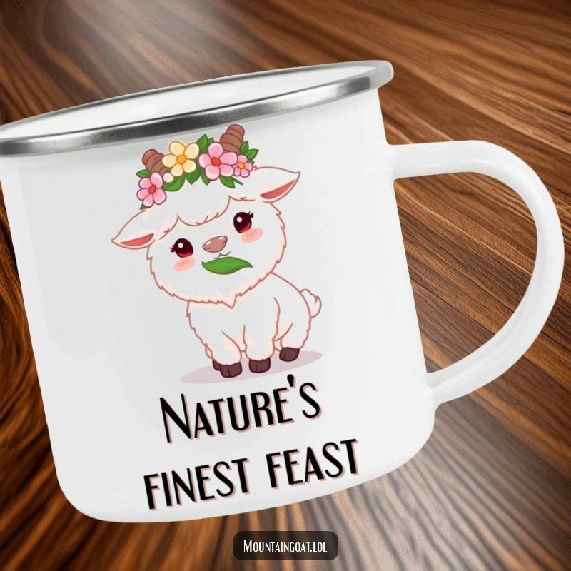 Funny fluffy white mountain goat camping mug with flower crown, happily munching on a high leaf, durable and charming for outdoor use.