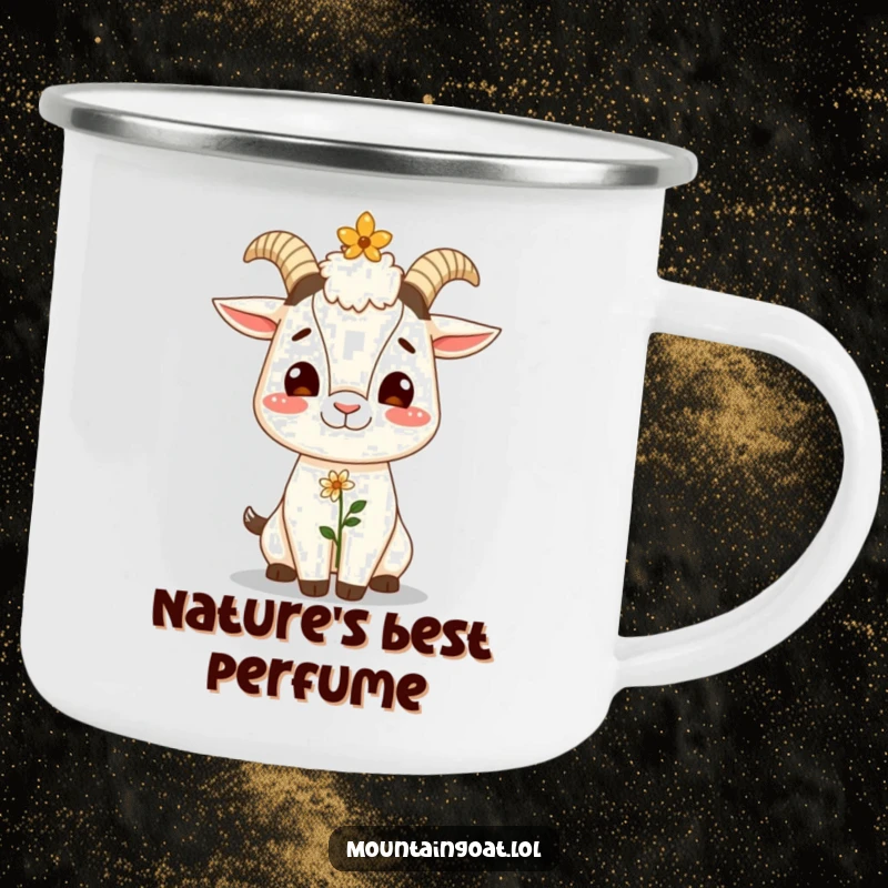 Funny camping mug with a giggling mountain goat balancing a flower on its nose, adding cheerful humor to outdoor trips.
