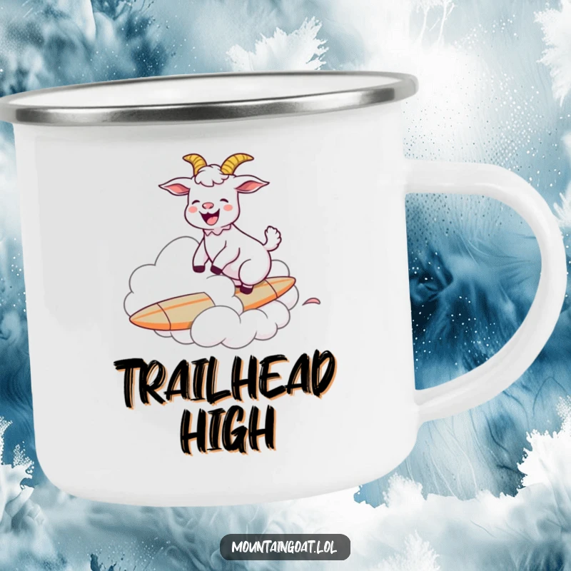 Durable camping mug featuring a funny goat humorously surfing on a cloud, designed for outdoor fun and laughs.