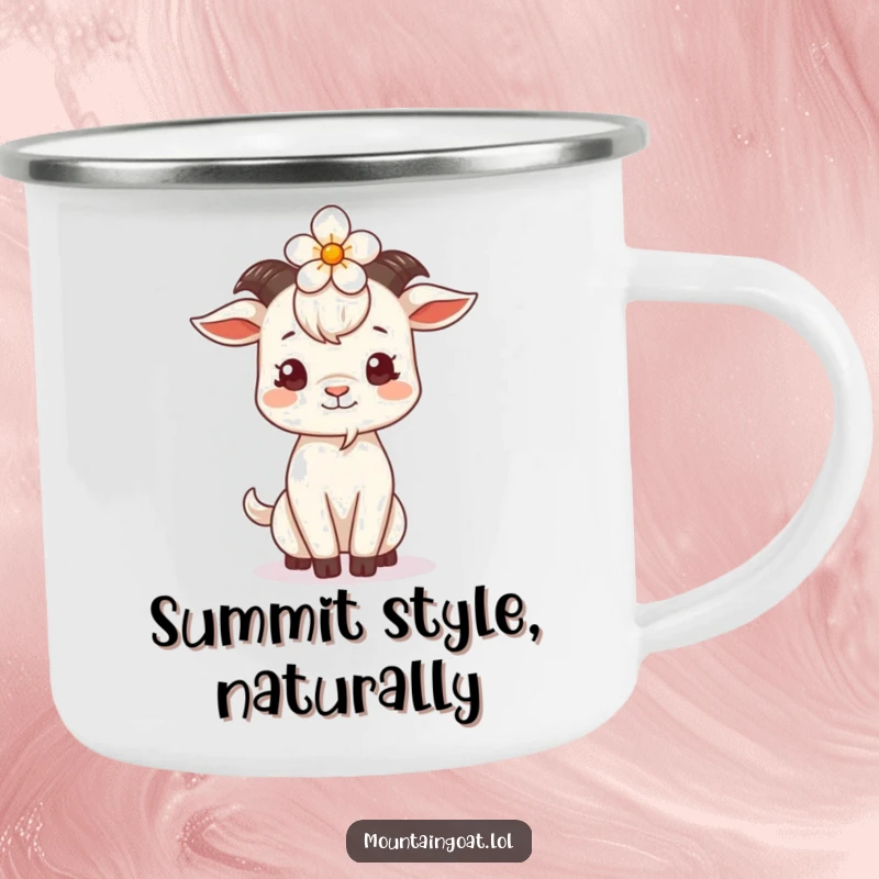 Funny Goat Flower Head Camping Mug, featuring a delightful goat with a flower on its head, perfect for your next outdoor escapade.