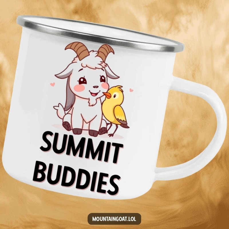 Funny mountain goat camping mug showing a character giggling with a bird, adding humor and cheer to outdoor drinks.