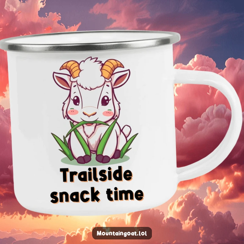 Funny mountain goat camping mug showing a character happily munching on grass, adding peaceful humor to outdoor drinks.