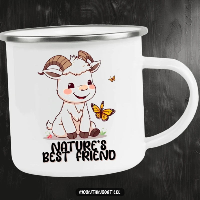 Funny kawaii mountain goat with a silly smile playing with a butterfly, ideal for a camping mug that spreads joy.