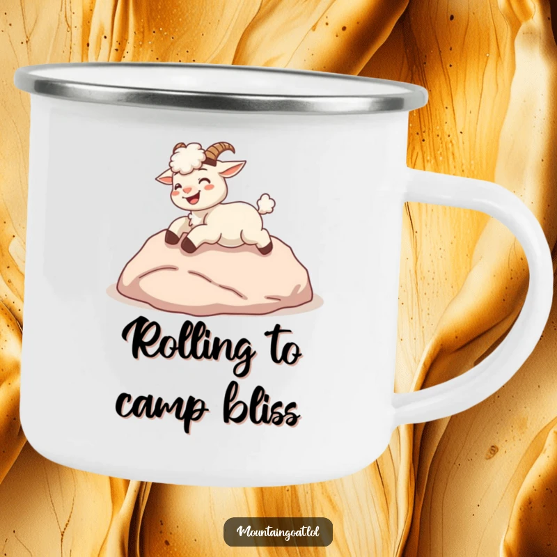 Funny kawaii mountain goat giggling and rolling down a hill, on a sturdy enamel camping mug.