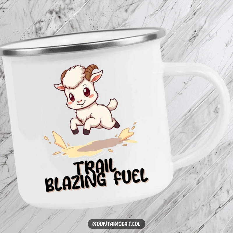 Funny kawaii mountain goat camping mug depicting a tiny, energetic goat kicking up dust while running.